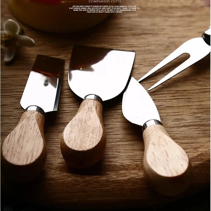 Personalised Custom Logo Stainless Steel Acacia Wooden Handle 4 Pcs Cheese Knife Set