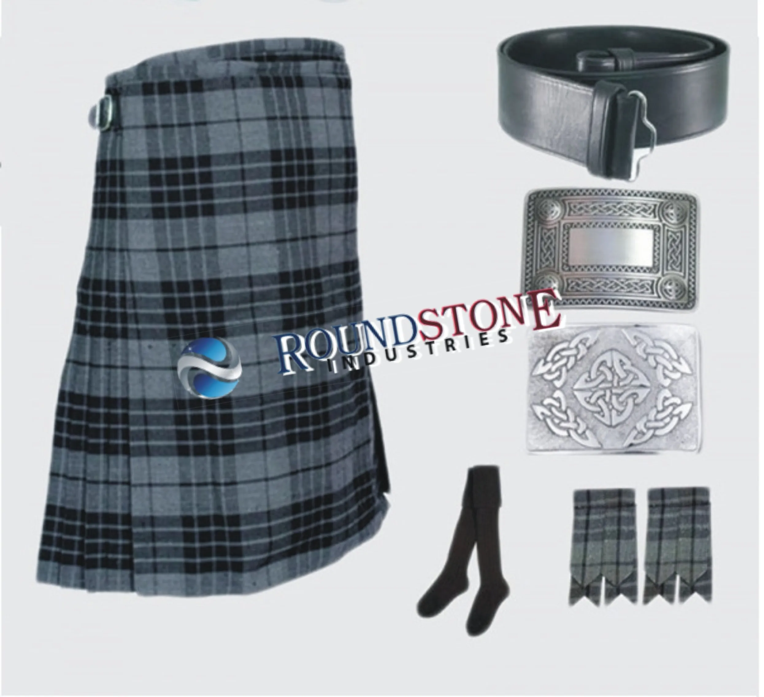 Grey Watch Scottish Tartan Economy Kilt 8 Yard Deal+Sporran+Kilt Belt+Fly Plaid+Brooch+Flasher+Pins+Waist Coat+Socks+Waist Coat