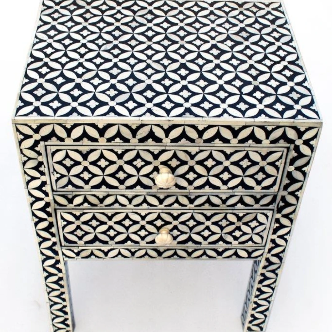 Bone inlay bedside table in floral design / customized bone inlay chest drawer from India