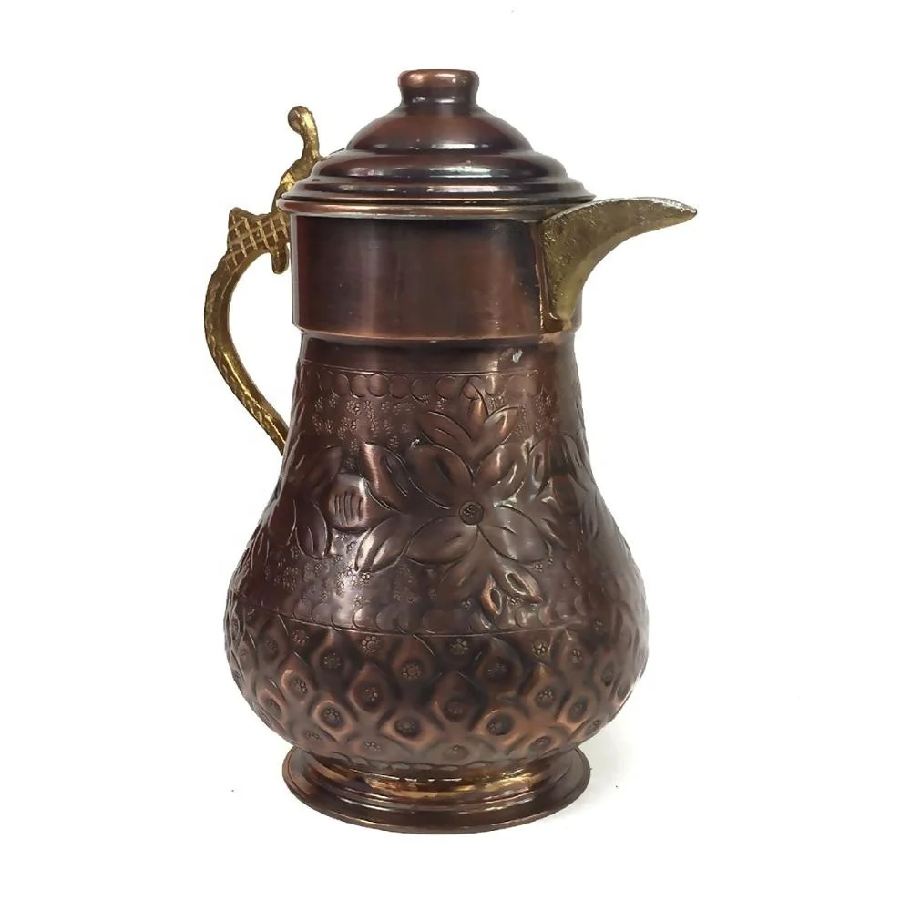 Ottoman Style Maras Turkey Copper Carafe Handmade Jug Penguin For Beverage Service, Surahi With Lid OXIDE Color