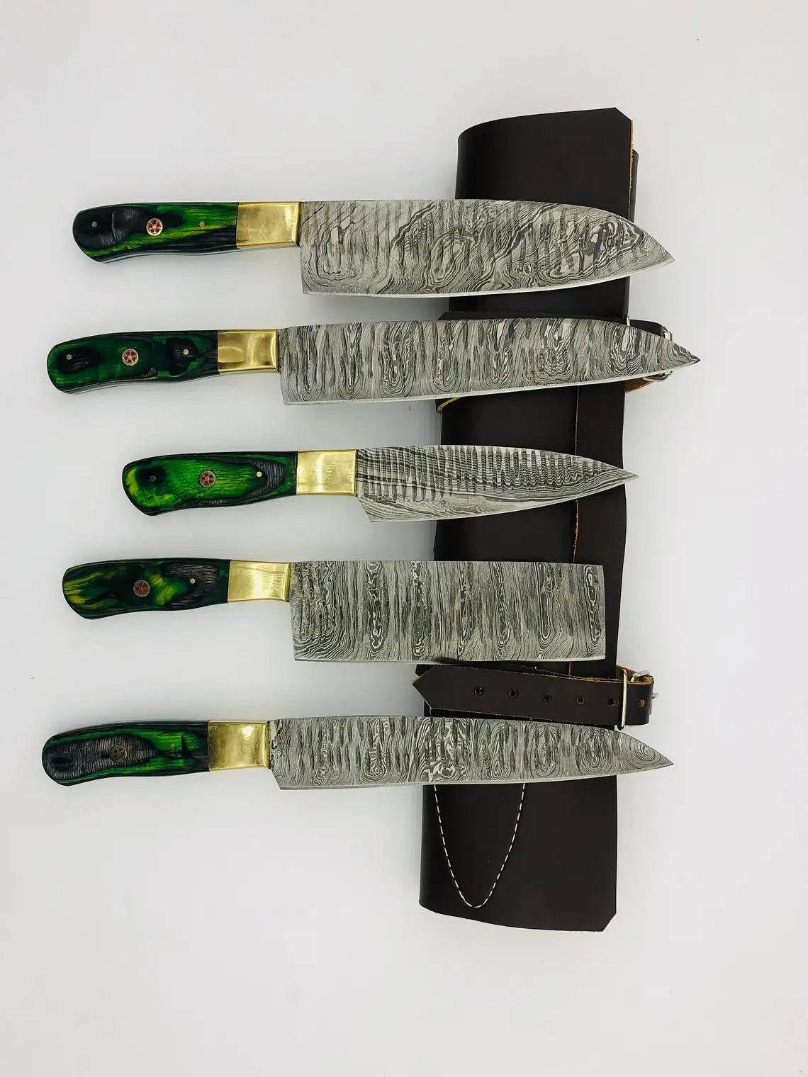 Набор поваров из дамасской кожи ручной работы по индивидуальному заказу 5 шт. с кожаным чехлом.