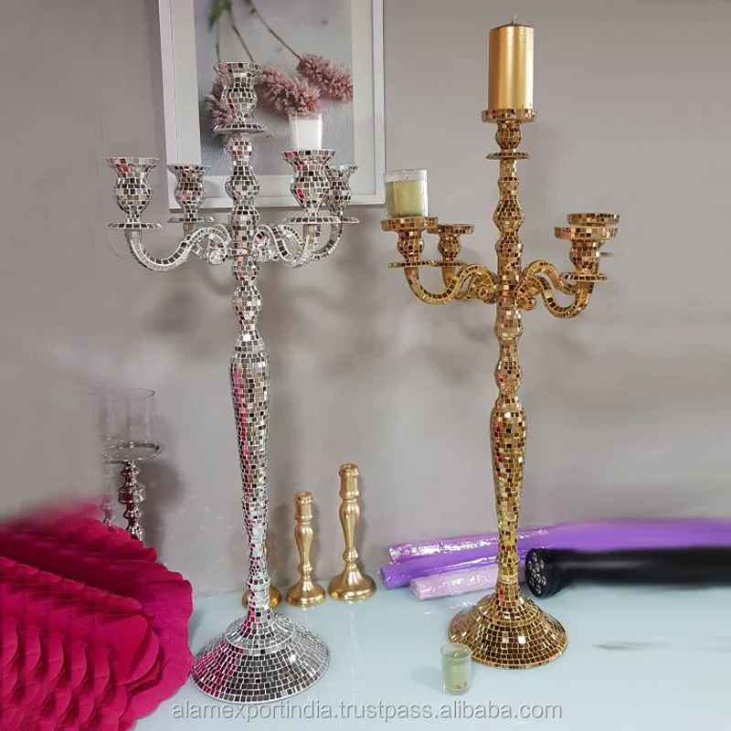 Shiny Golde & Silver Mosaic Candelabra Five Arms Candle Holder Tall Size Centerpiece For Tabletop Decorations Wedding & Home
