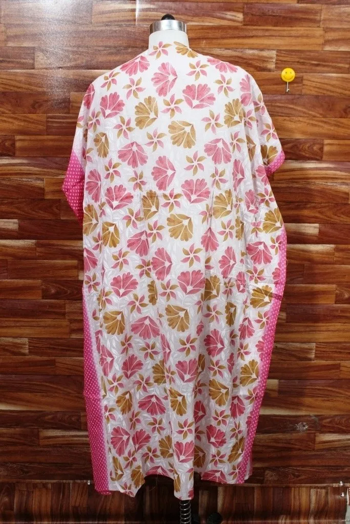 Хит продаж 100% хлопковое платье-кафтан с цветочным принтом и V-образным вырезом длиной до колена для женщин девочек