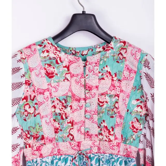 Indian hand block printed quilted long dress multi color patchwork butterfly style evening gown long tunic party wear kurtis