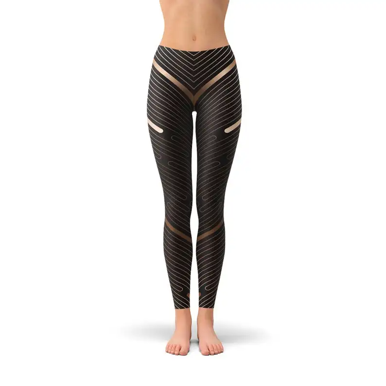 
OEM Brown Leggings For Women - Striped Pattern Art Deco Style Print Workout Leggings 