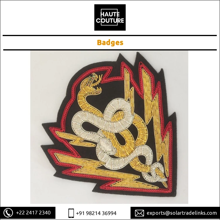 12 x 13 cms Eye Catching Serpents Design Hand Embroidered Handmade Sew On Triangular Badges for Jackets, Blazers, Jeans