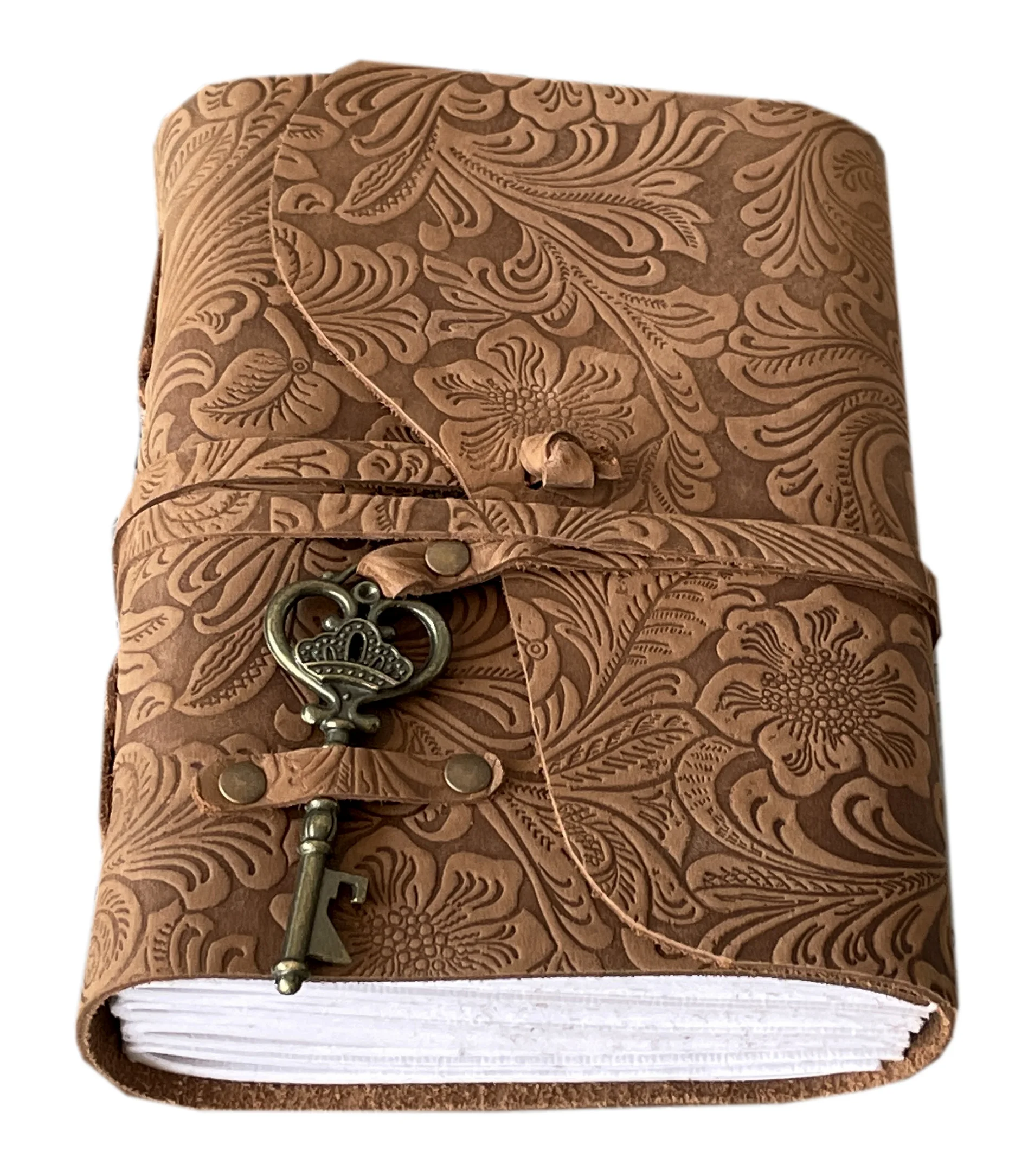Vintage Brown Key Lock Genuine Leather Bound Journal Garden Flower Design Notebook & Sketch Book With Cotton White Unlined Pages