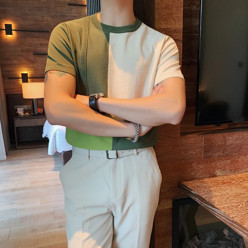 Custom logo printing design mens tshirt summer British style knitting T-shirt