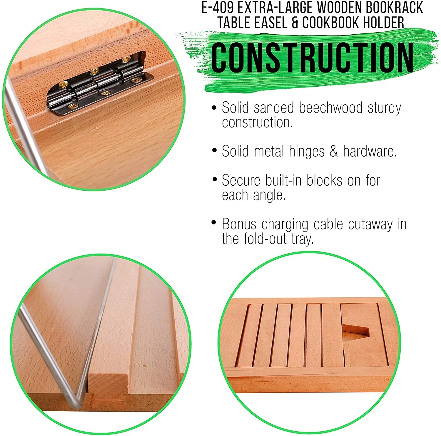 Large Wooden Table Easel, Cookbook Stand, Text Book Tablet Rest, Premium Beechwood - Adjustable Incline, 2 Flip-Up Page Holders