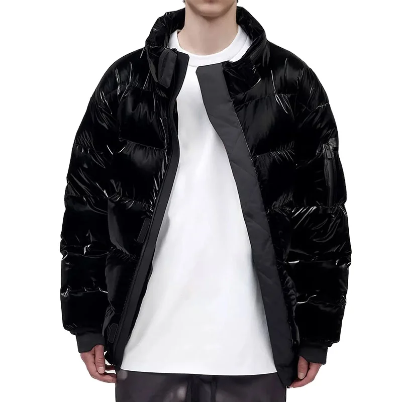 Winter mens outdoor black leather bubble down puffer jacket with hooded