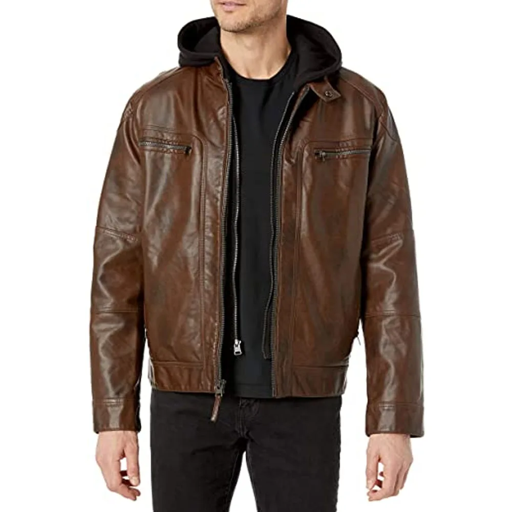 
Streetwear custom mens biker winter ribbed cuffs cows leather lining fleece jackets 