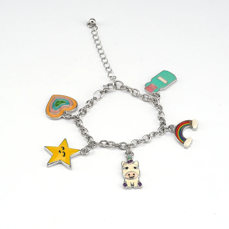 Factory Wholesale Fashion Multicolor Charm Bracelet Rhodium Plated Heart Bottle Rainbow Star Dog Enemel Charm Bracelet for Kids