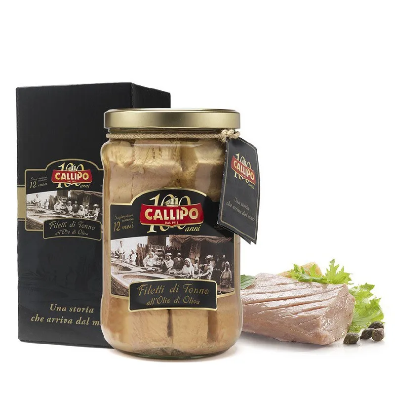 Yellowfin Tuna fillets in olive oil in glass pot Calippo 820 g - Made in Italy