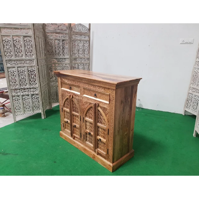 CARVED WOODEN ACACIA TWO DOOR PANEL SIDEBOARD SOLID WOOOD SIDEBOARD FARMHOUSE FURNITURE  DINNING ROOM FURNITURE