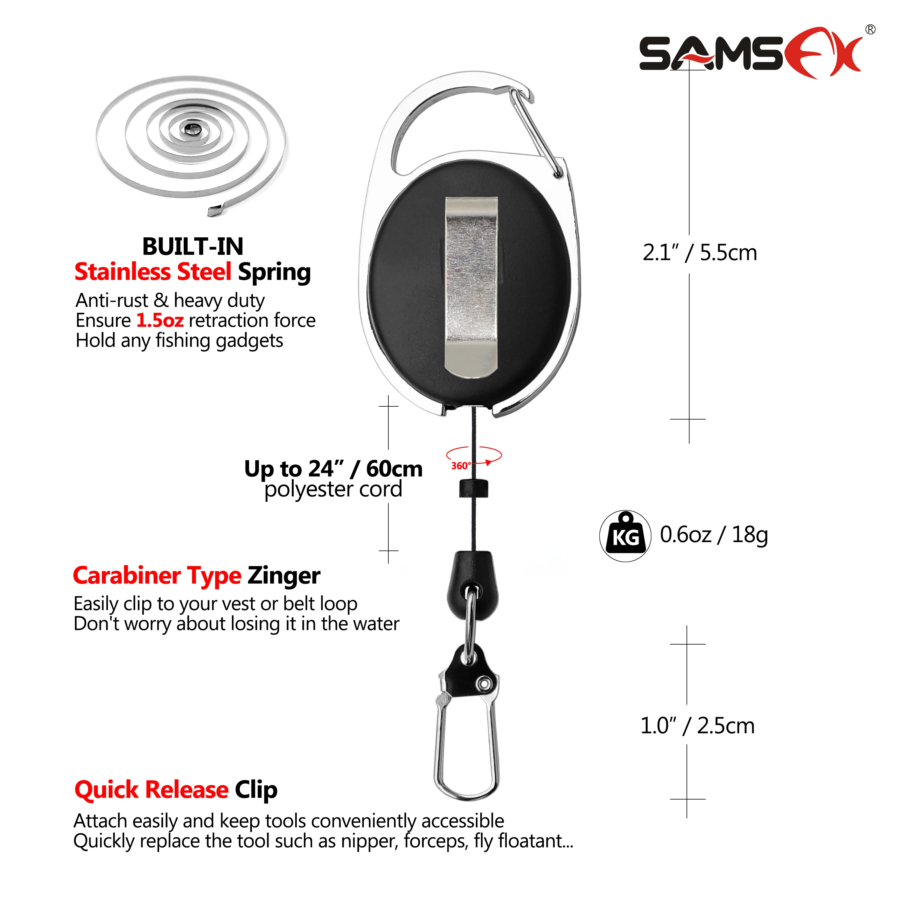 SAMSFX 3PCS Quick Release Spring Clip for Tools Holder Retractable Reel Key Chain Fly Fishing Zinger Retractor Cable