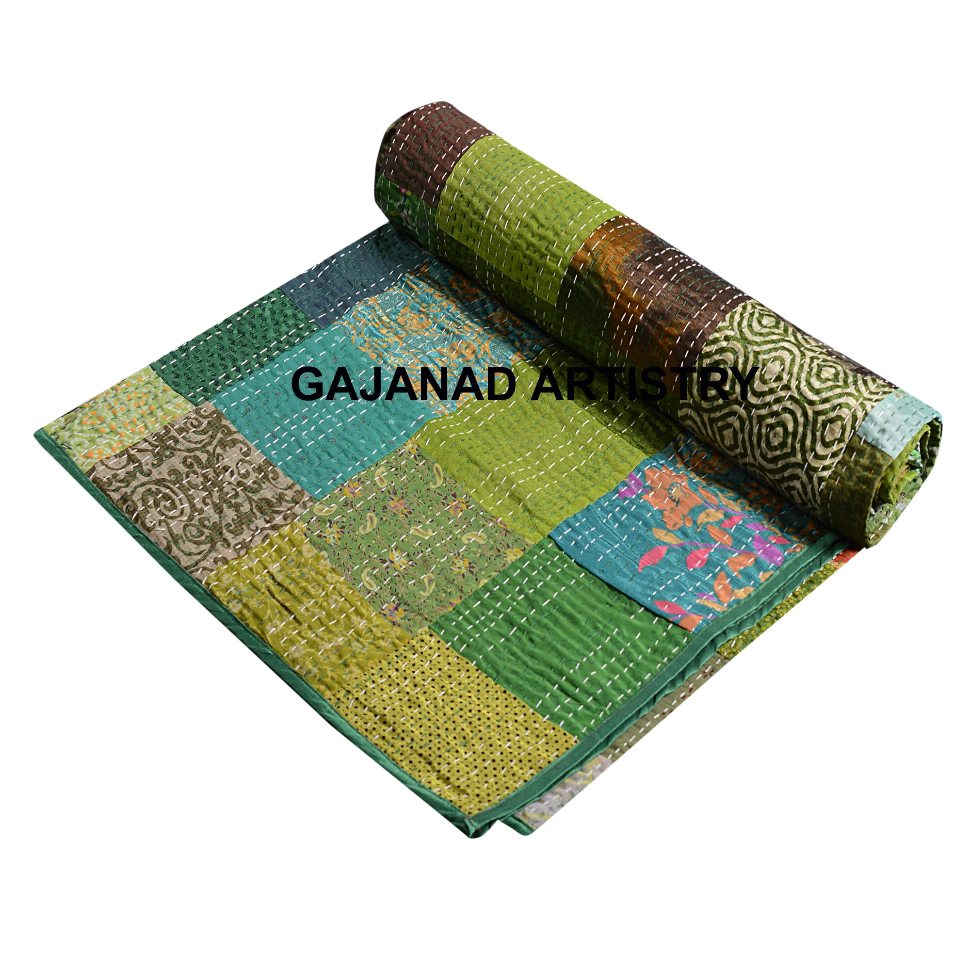 queen size kantha quilt handmade kantha bedcover bedspread blanket coverlet patola silk patch work vintage indian quilt