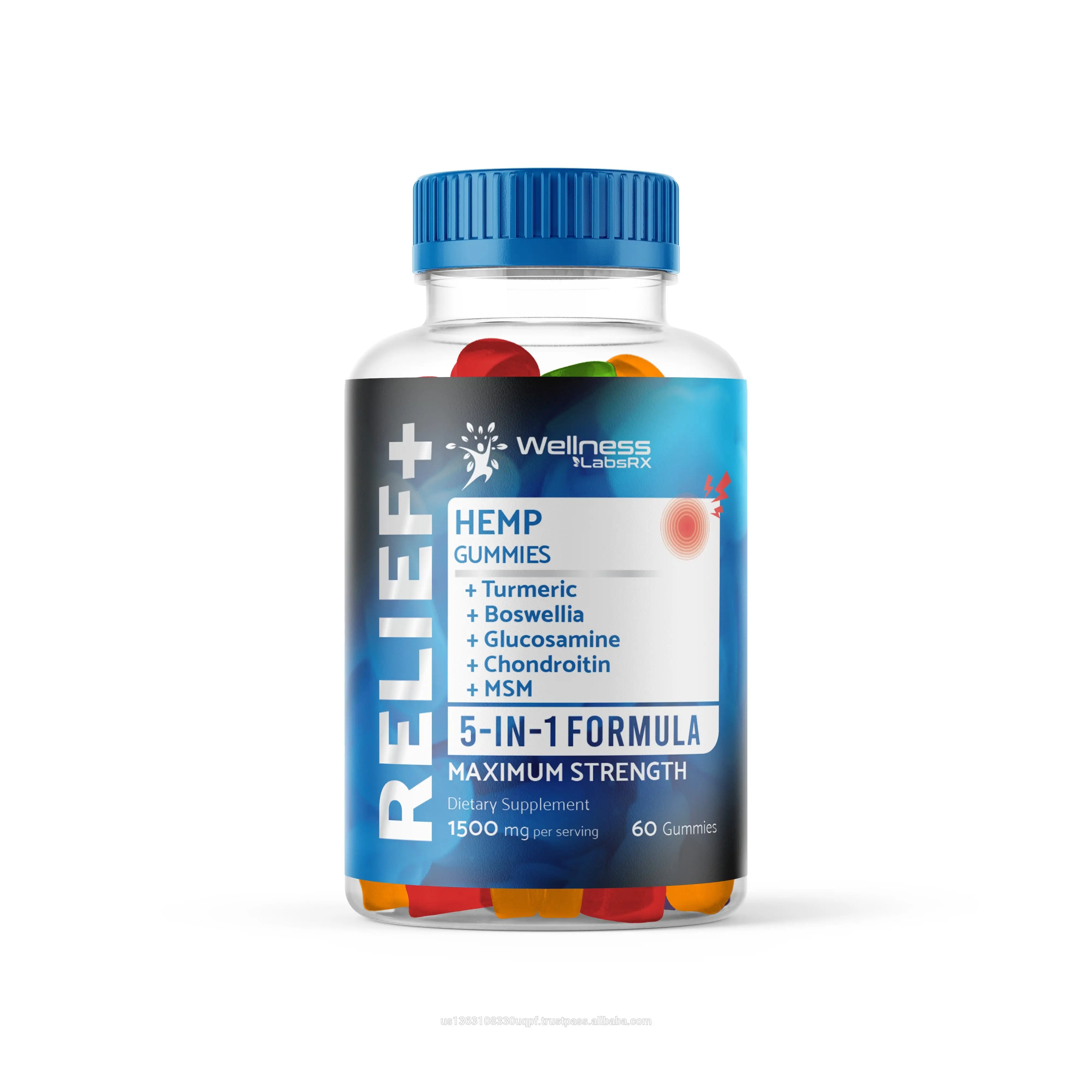 
10-pack Hemp Gummies for Inflammation, Pain Relief, Arthritis with Turmeric, Glucosamine, Chondroitin, Boswellia, MSM - 1500mg 