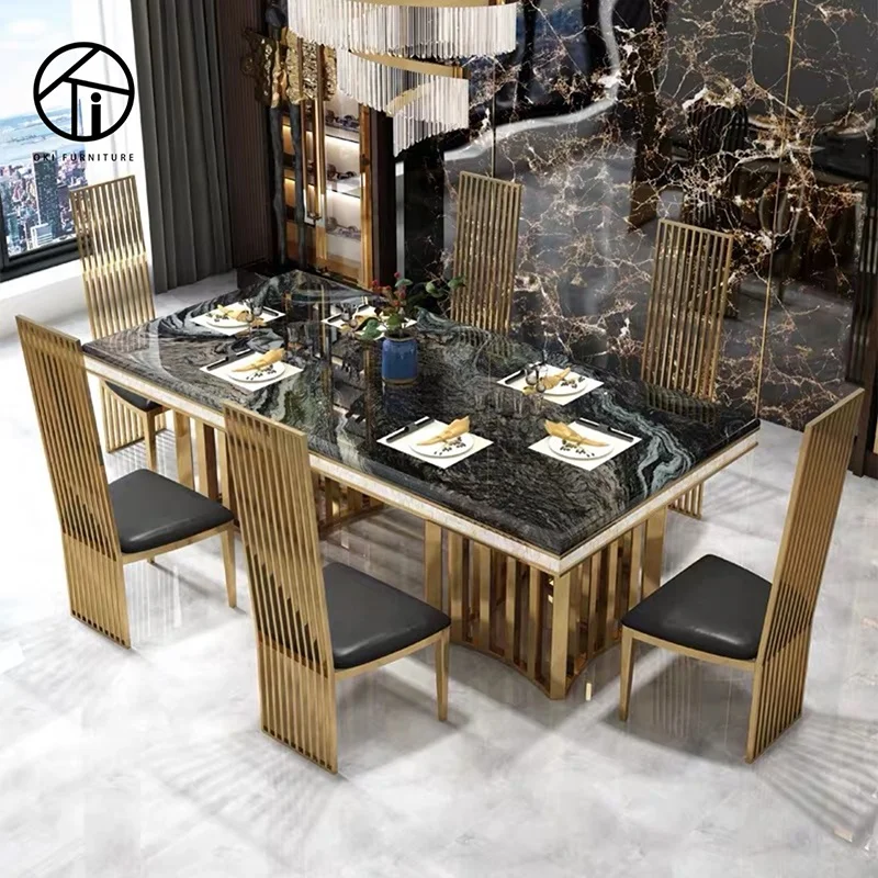 home furniture rectangular marble and gold double base luxury exclusive villa famous design 8 seater  Italian dining table