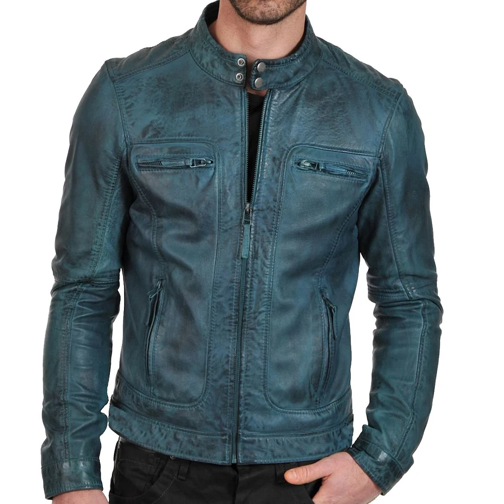 Мужская модная куртка из вощеной кожи в европейском стиле/синяя облегающая эко мужская кожаная осенняя стиле