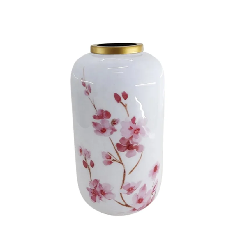 Wholesale Table Top Decoration Iron Flower Vase Bird Sticker Enamil And Gold Colour Large Size Flower Pot For Home Decor