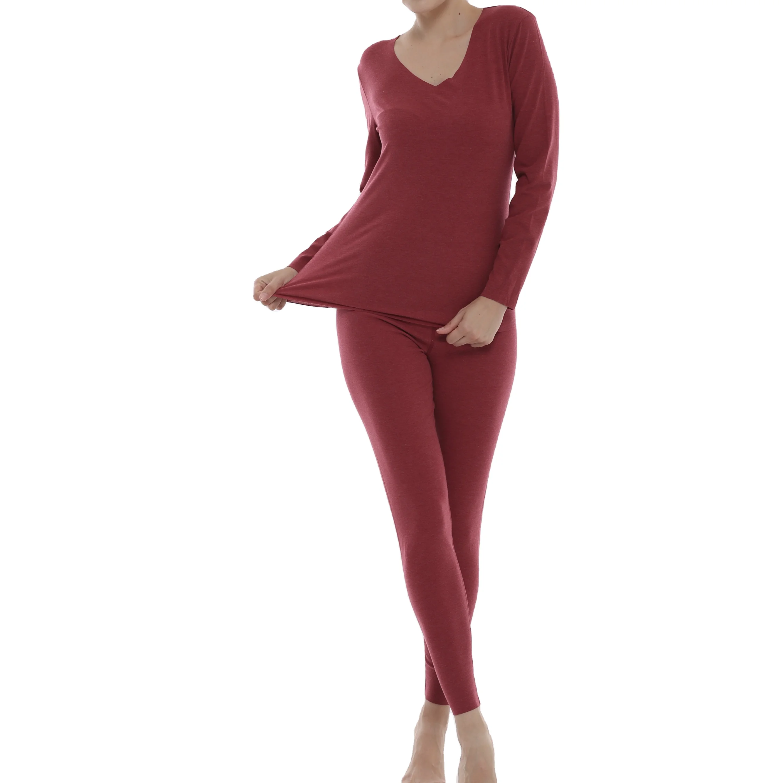 
Modal Easy Cut V-neck Collar Cozy Cotton Long Sleeve Shirts Underwear Set Lingerie Long Johns Women Viscose Cotton Spandex Red 