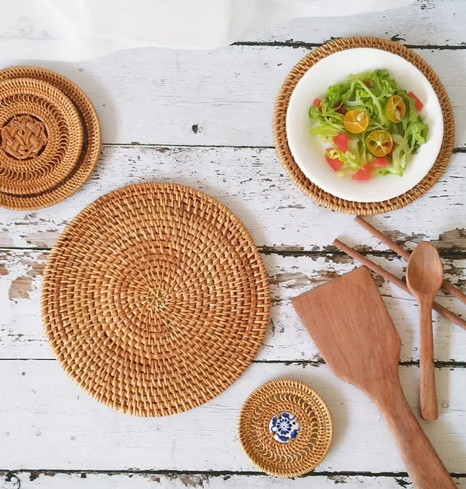 Ротанговая круглая тканая декоративная термостойкая натуральная плетеная чашка для домашнего обеденного стола