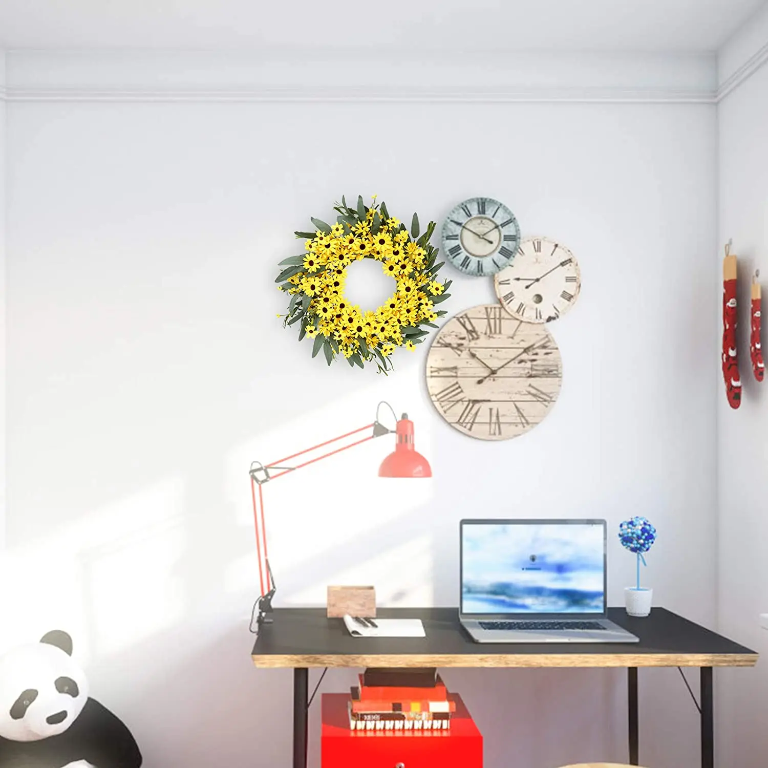 Custom Hot Sale Yellow Spring Sunflower And Daisy Wreath With Yellow Pip Berries And Green Leaves For Front Door Decoration