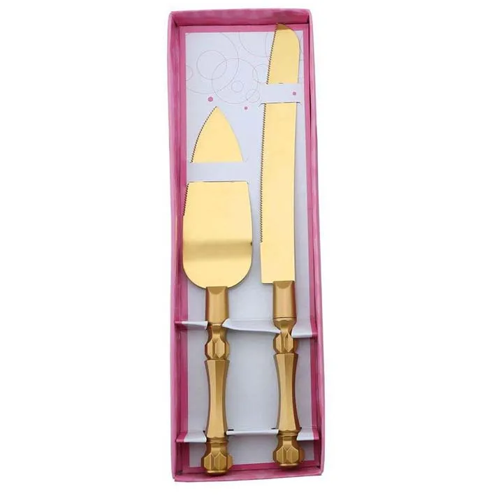 Yangjiang Factory, Luxury cake set of 2 stainless steel knife & shovel in gold color with gold PS handle wedding flatware