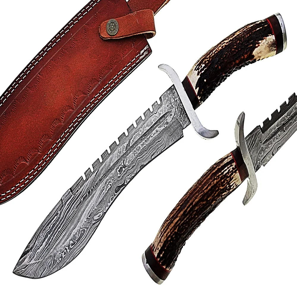100% Высокое качество Дамасская сталь охотничий нож Боуи с чистый кожаный футляр для SCW-HBK-0030