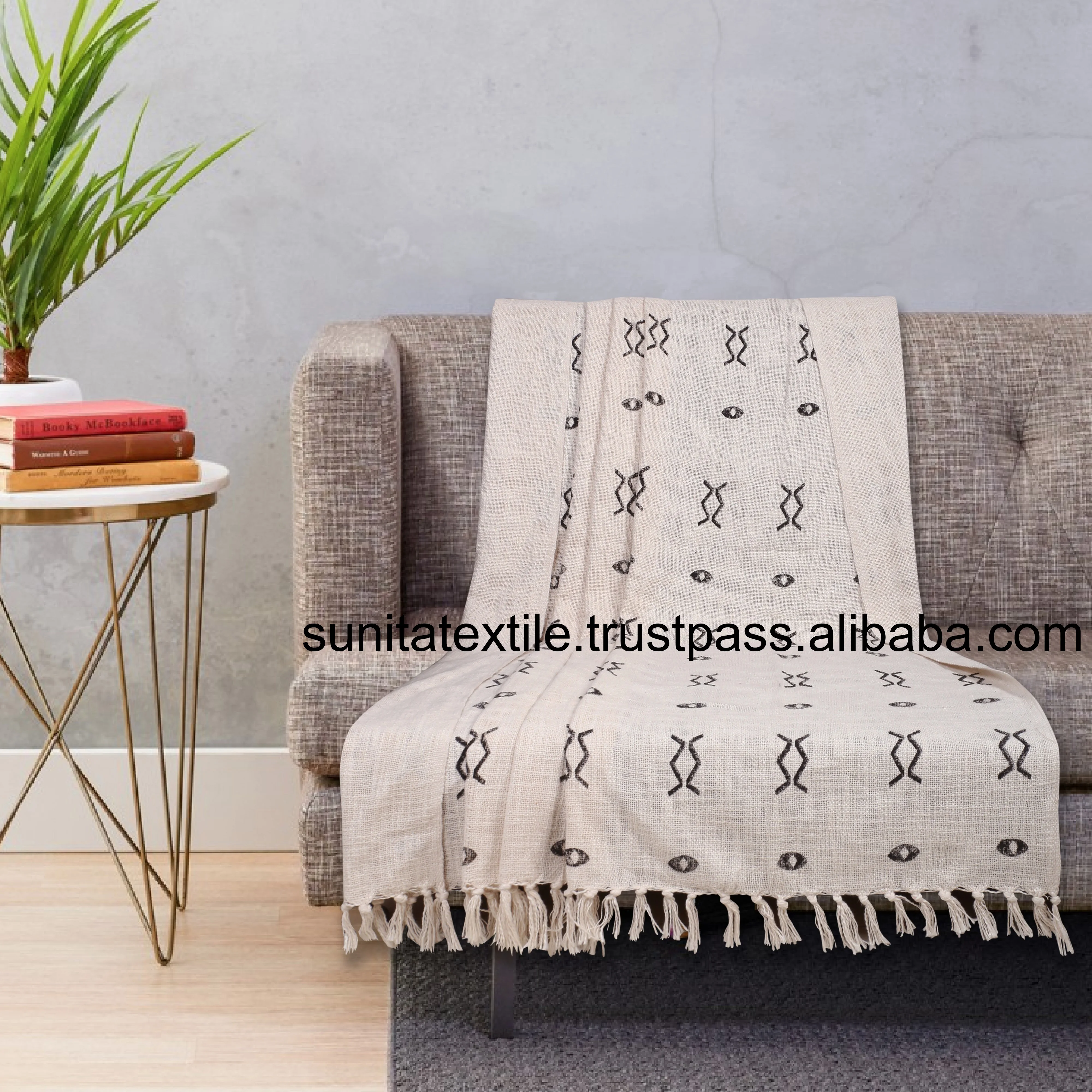 Factory Price Indian Handmade 100% Organic Cotton Hand Block Printed Mud Cloth Beige Throw Bedding Bedspread Gift Woven Blanket