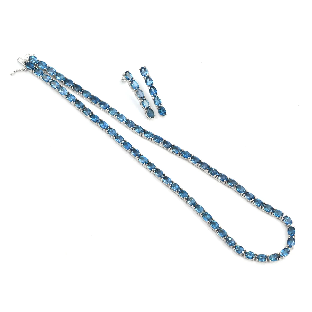 Natural London Blue Topaz 7x5 MM Gemstone 925 Solid Silver For Women Jewelry Tennis Necklace Earring Set By Jaipur Wholesaler