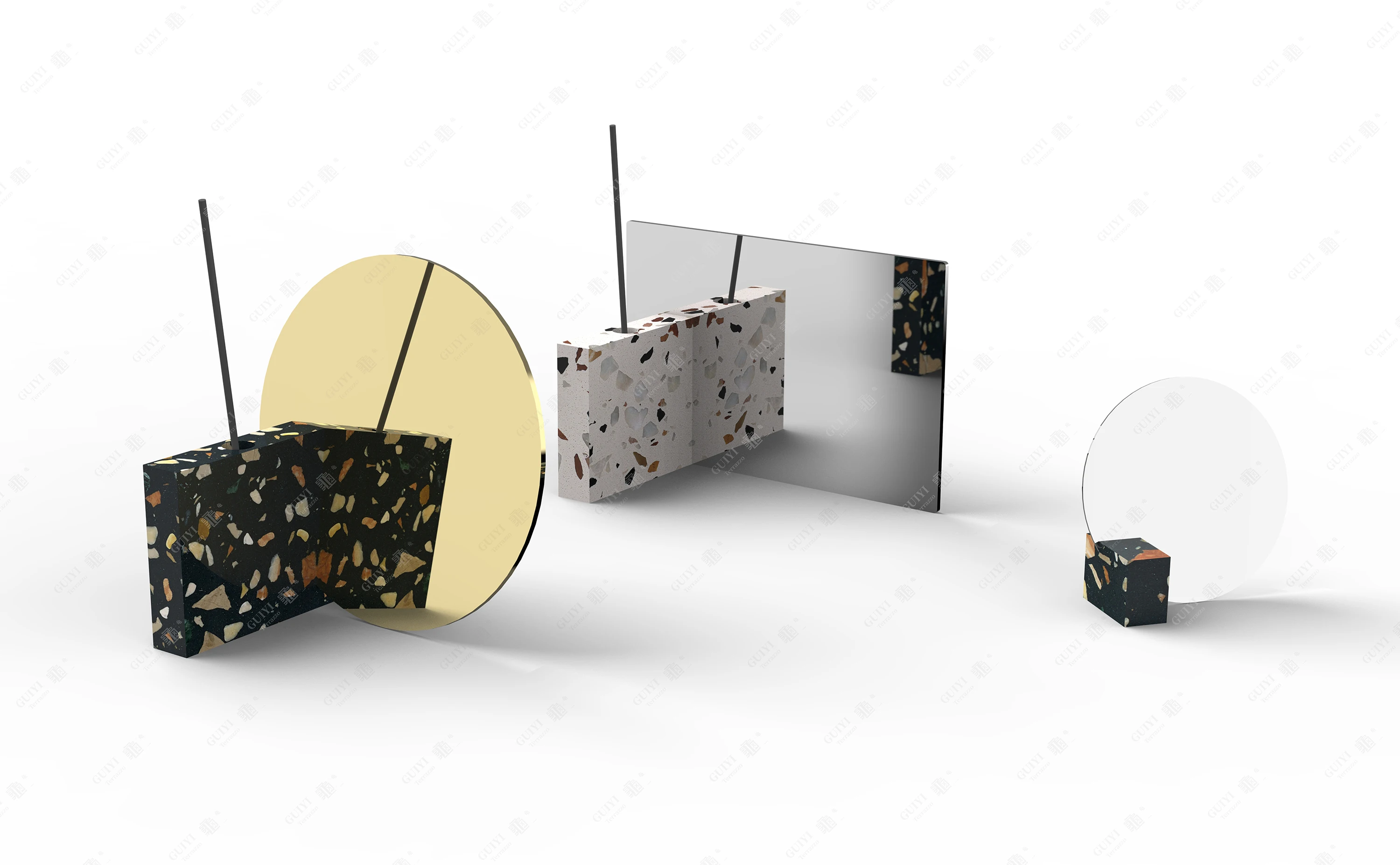 Fashionable design terrazzo furniture round snail decorative mirror and small black holder for home