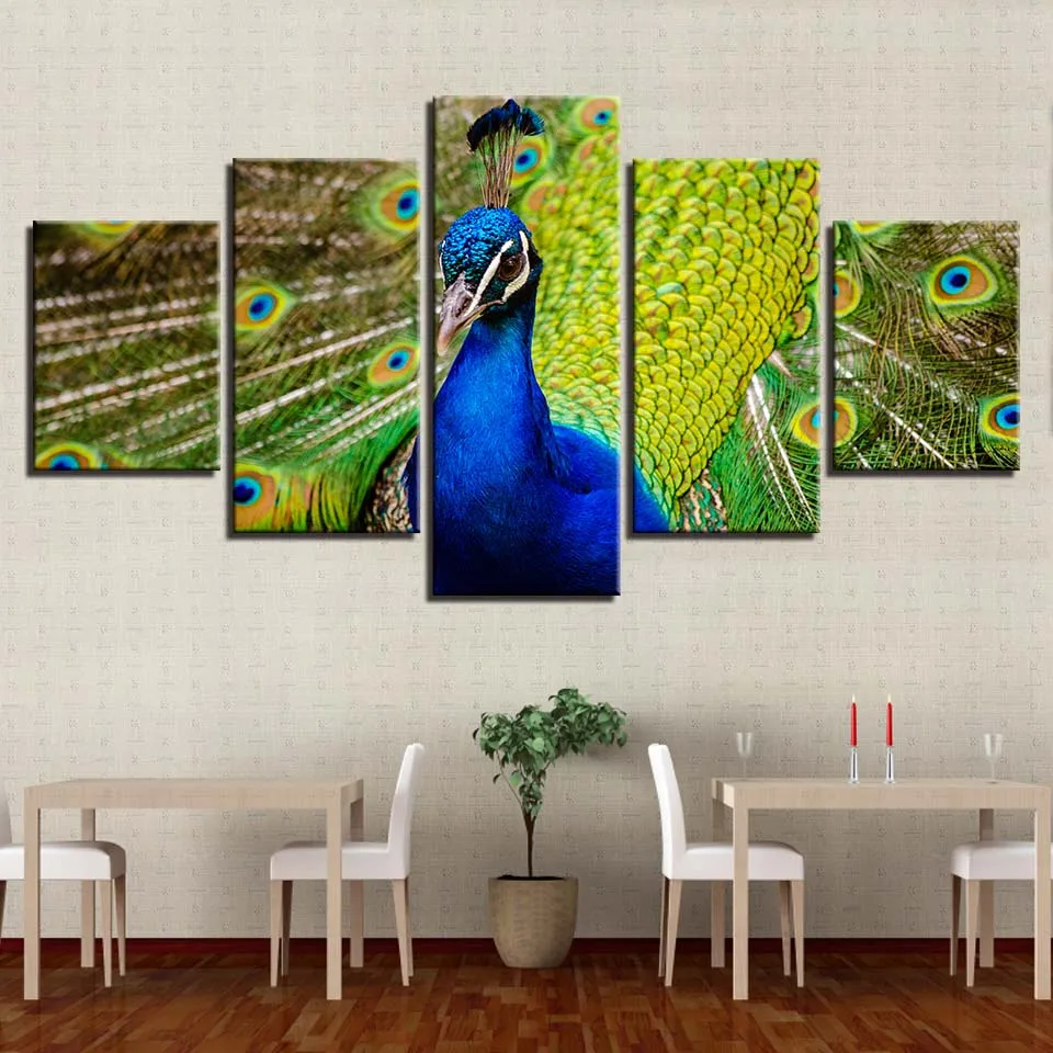 5 panels peacock tail canvas painting for home decoration