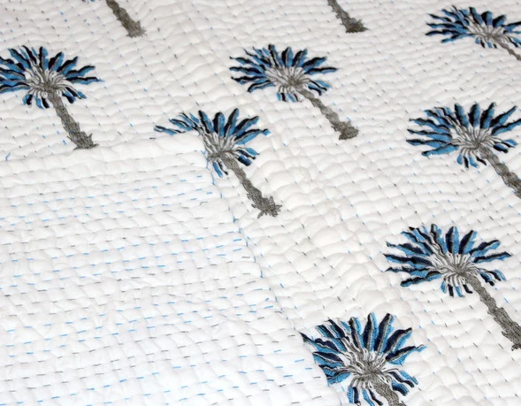Hand Block Luxury Collection Of Blue Palm Tree Printed Kantha Quilt 3 Layered Queen Size Quilted Wholesale
