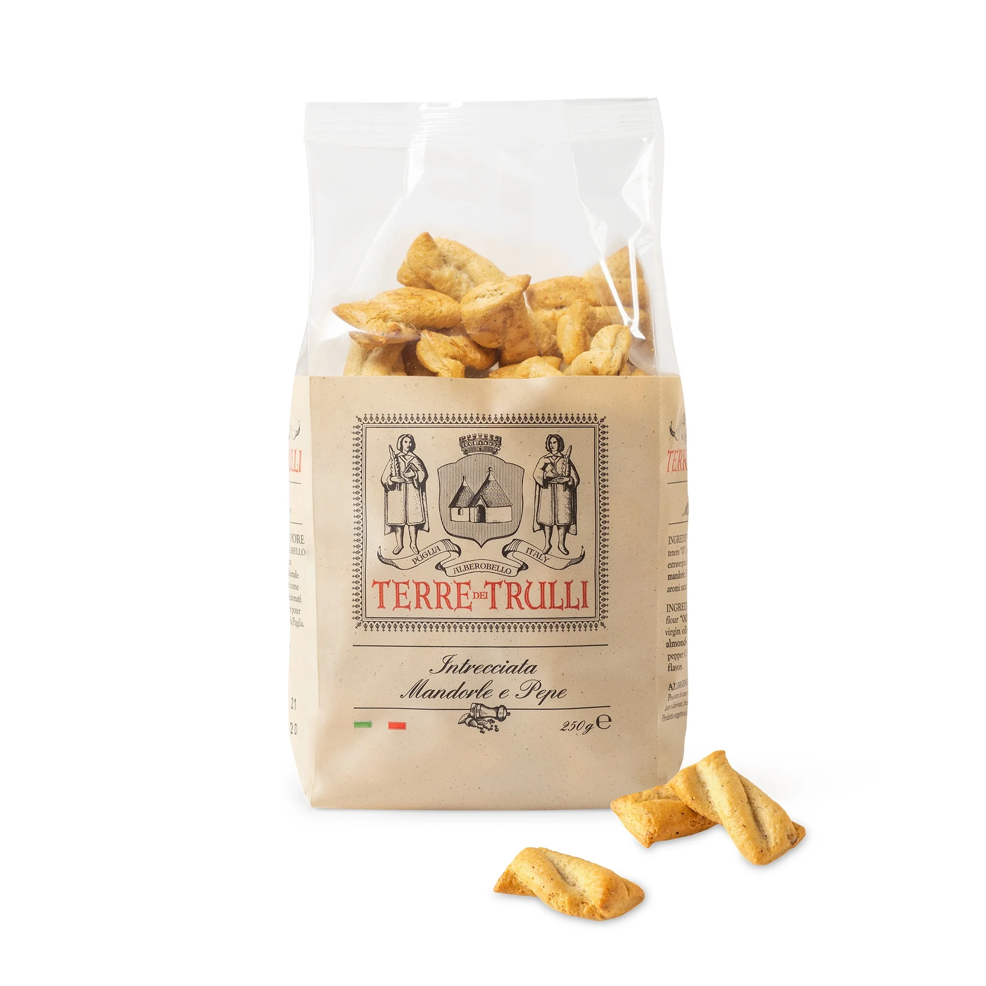 Premium Italian Quality Savoury Snacks - Intrecciata - Almond and Pepper Twists 250g pack, Grain snack for Aperitif, GDO, Horeca