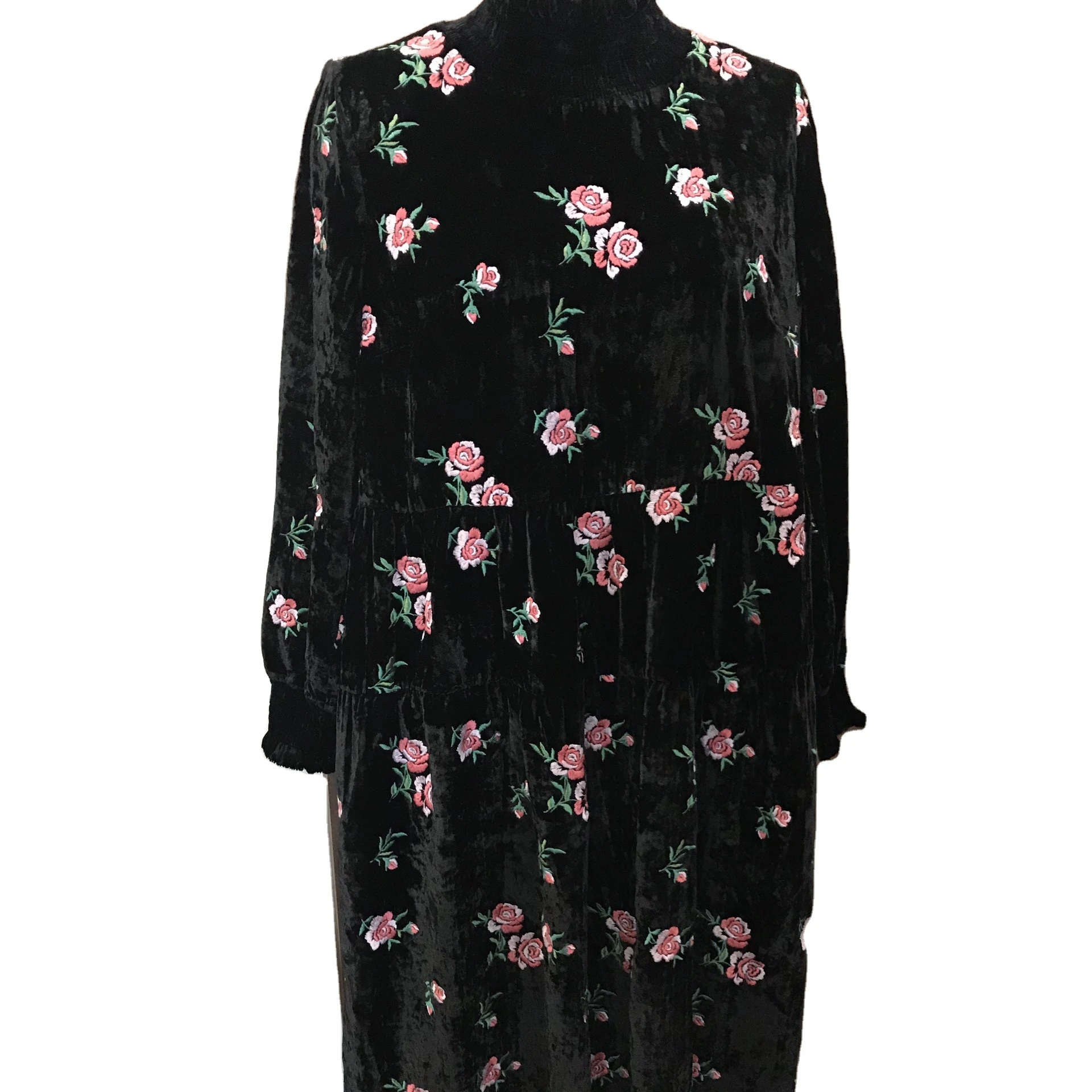 Long sleeve stand  neck floral  pattern black velvet elegant ladies long sleeve  plus size women dress