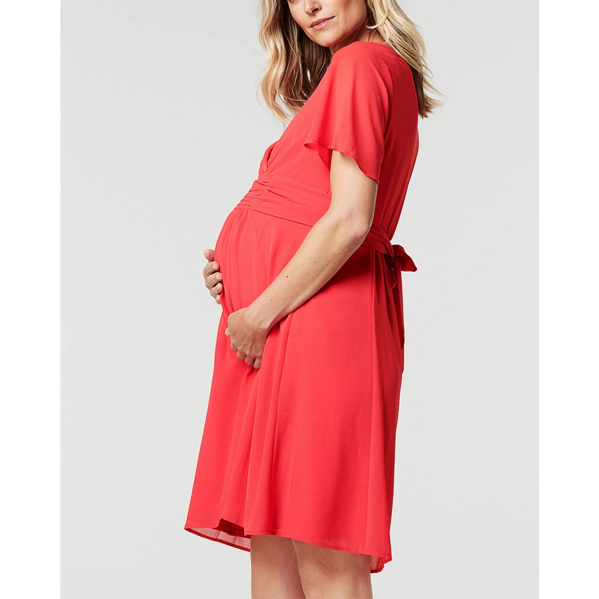 Chiffon Maternity and Nursing Dress red Wholesale Maternity Clothes Pregnant Women Side Slits Cold Shoulder Maternity Dress