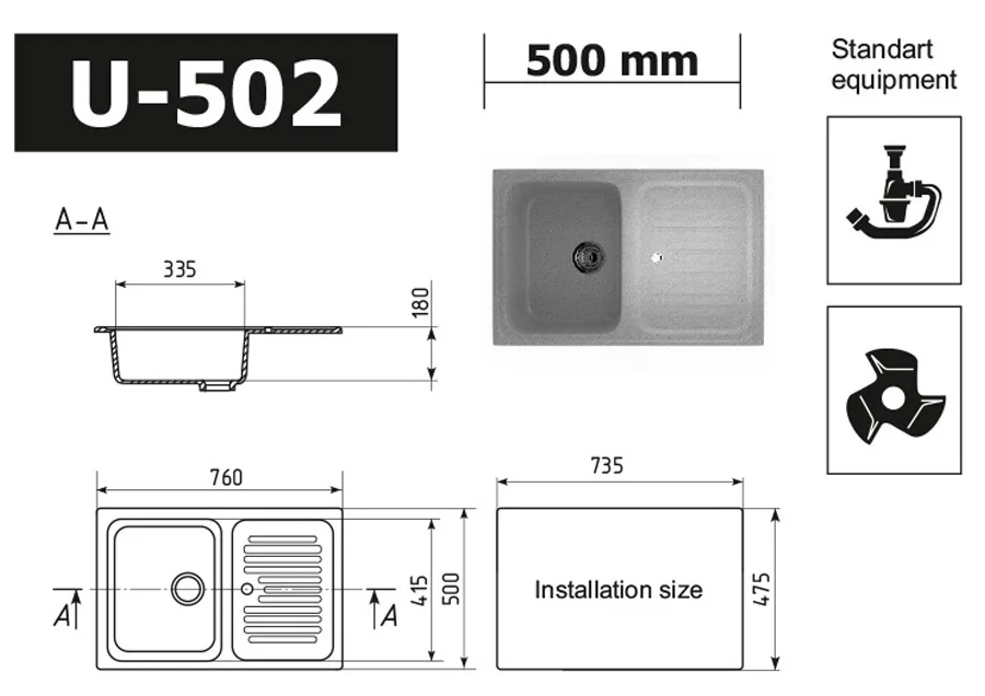 Composite reversible one-section kitchen sink ULGRAN U-502