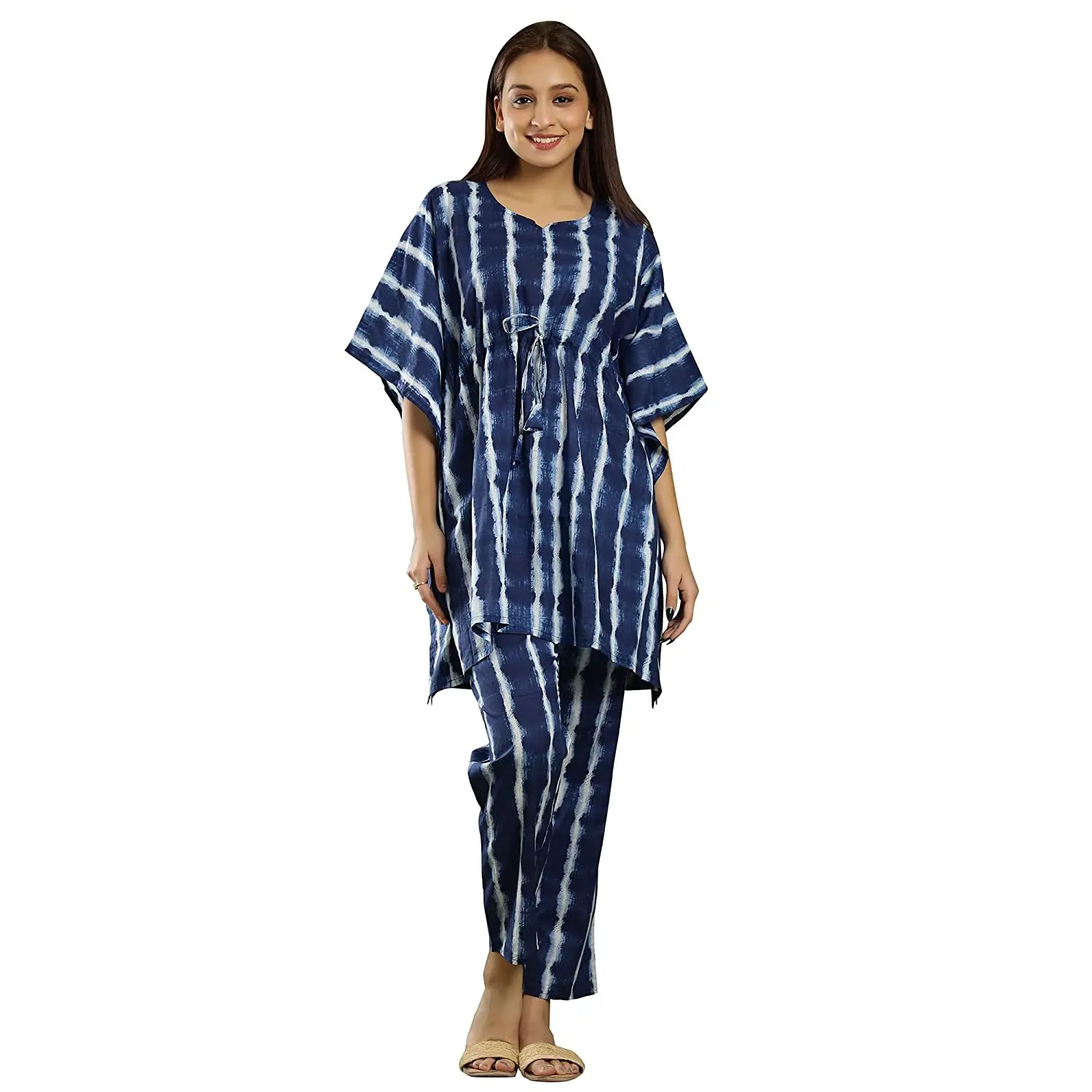 Женский хлопковый кафтан с галстуком sшифли (свободный размер) комплект ночного костюма пижамы (Индиго)