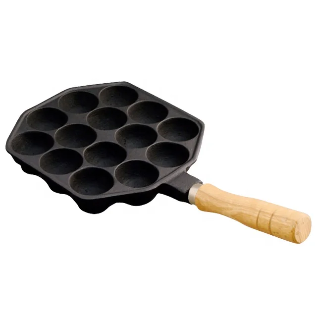 IH Compatible Takoyaki 14 Holes With Wood Handle, Japanese Takoyaki Plate, Cast Iron Takoyaki Pan, Ikenaga Iron Works