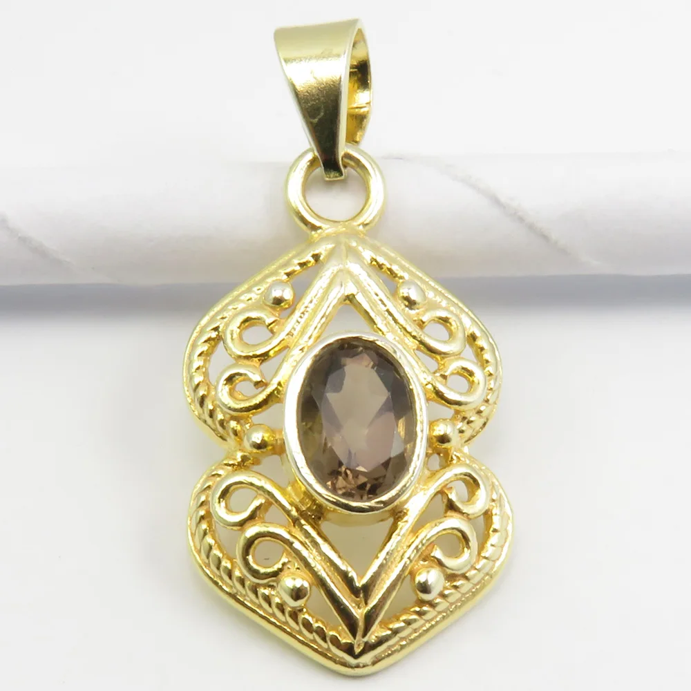 
Gold Plated Smoky Quartz Pendant 3 cm 925 Fine Silver Women Wedding Jewelry 