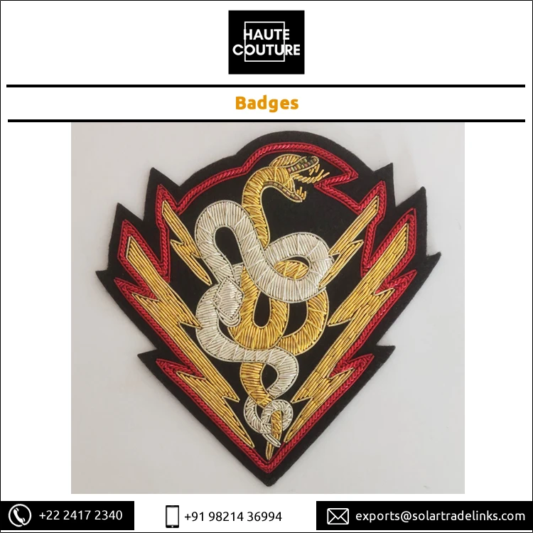 12 x 13 cms Eye Catching Serpents Design Hand Embroidered Handmade Sew On Triangular Badges for Jackets, Blazers, Jeans