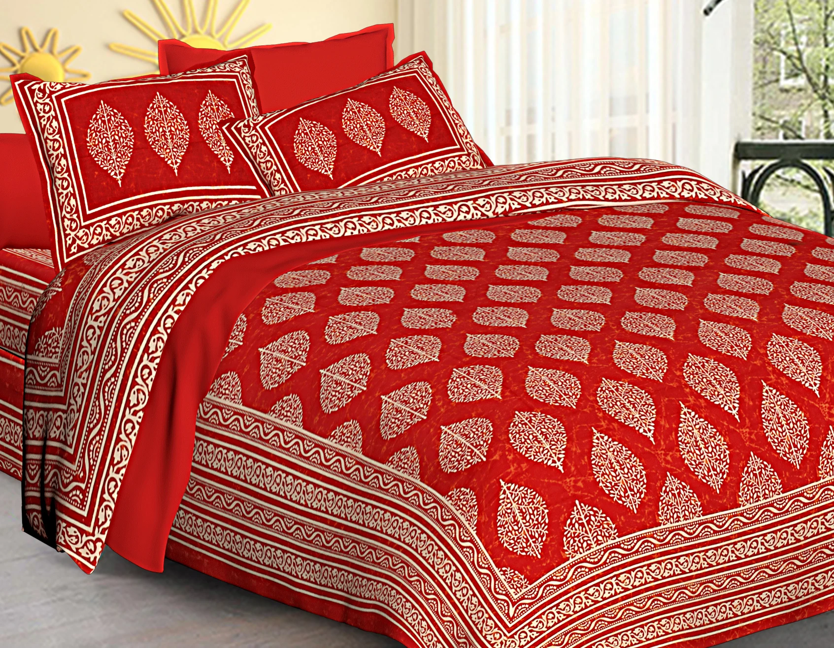Bedspread Cotton Fabric Handmade King Size Bedsheet Red Color Beautiful Royal Look Multiple Color