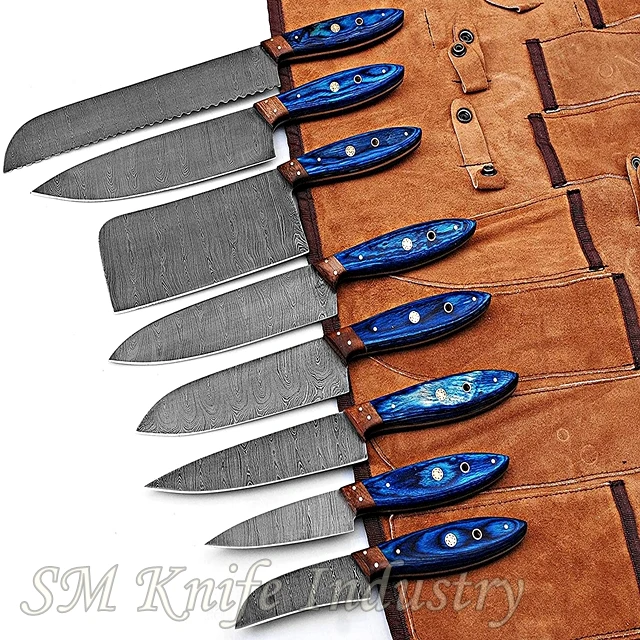 Chef Knives Set with Leather Kit Round Handle Damascus 8 Pieces DAMASCUS Steel Kitchen Cutting Foods Chopping Meat