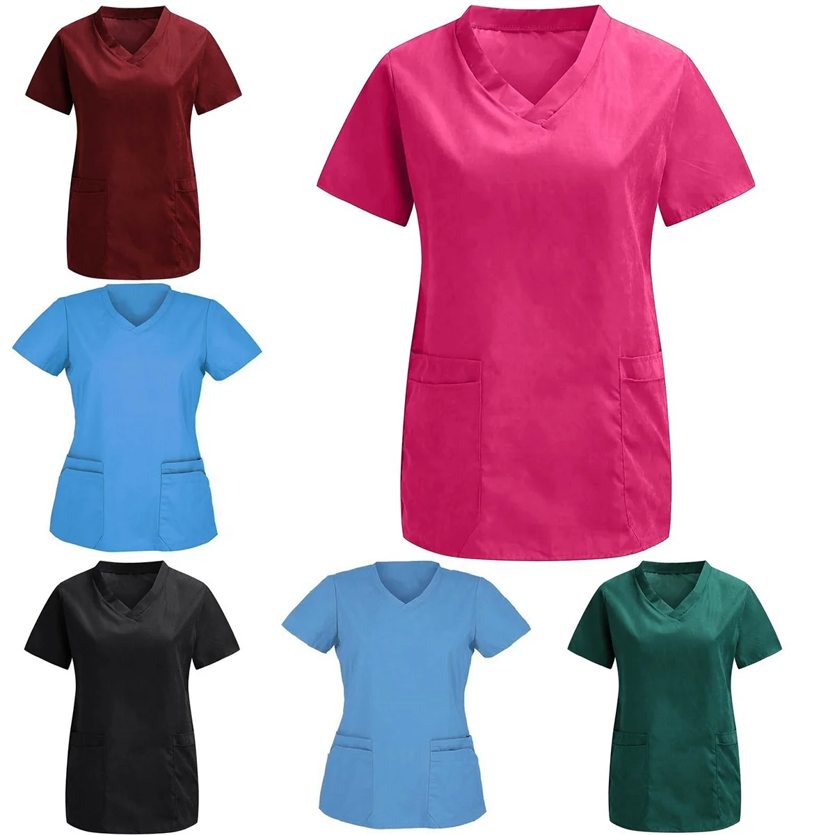 Nurse Uniform Women Casual Short Sleeve V-neck T-shirt Clinical Uniform Loose Blouse Tops Uniform