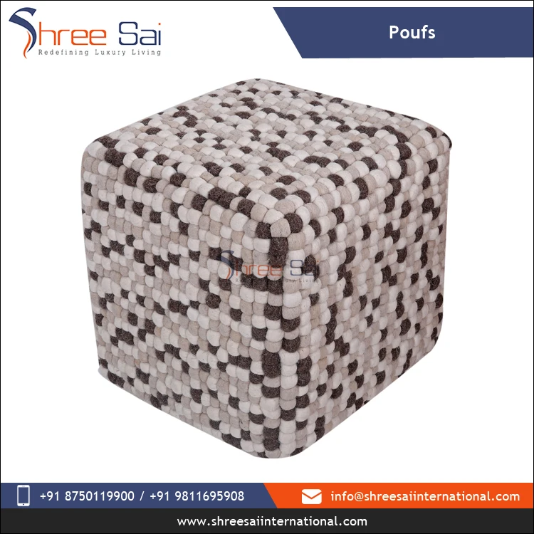 Square Shape Polystyrene Balls Filling Hand Made Pure Cotton Felted Poufs