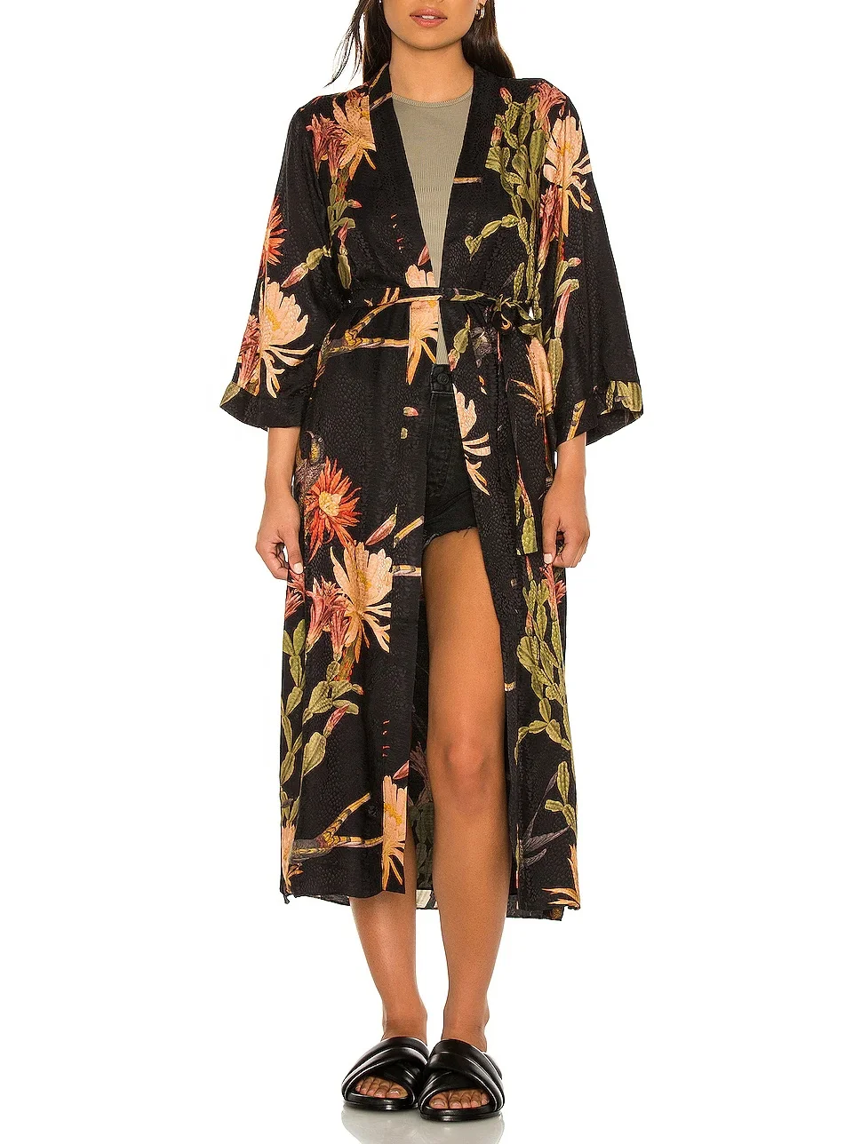 Custom summer print long blouse women plus size elegant beautiful floral long sleeve kimono