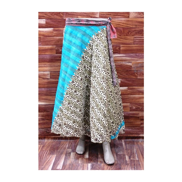 New Collection 2023 Fashion Summer Beach Skirts Blue Gray Indian Silk Sari Skirt Long Floral Printed Wrap Around Skirts