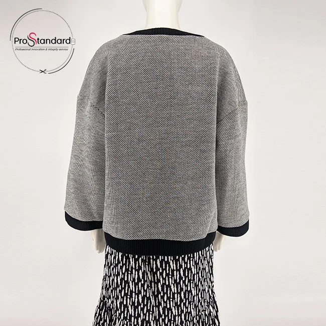 Women Elegant Ribbed Hem Gray Tweed Coat Ladies Vintage Button Placket Jagged Jacket Outerwear with Pocket