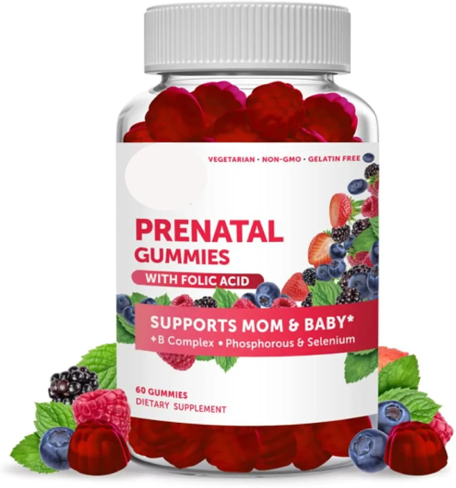 Prenatal Gummies with Folic Acid Gelatin Free Supports Healthy Growth and Brain Development 30 Day Supply - 60 Count